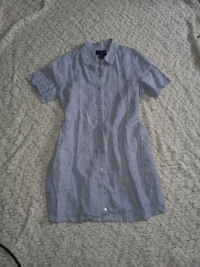 Tahari 100% Linen Button-Down Shirt Dress Side Pockets Size M